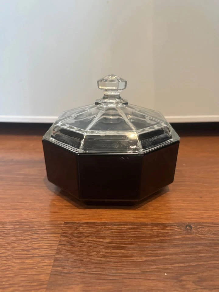 Vtg Arcoroc France Octime Black Glass Trinket Candy Dish Lid Sug - photo 4