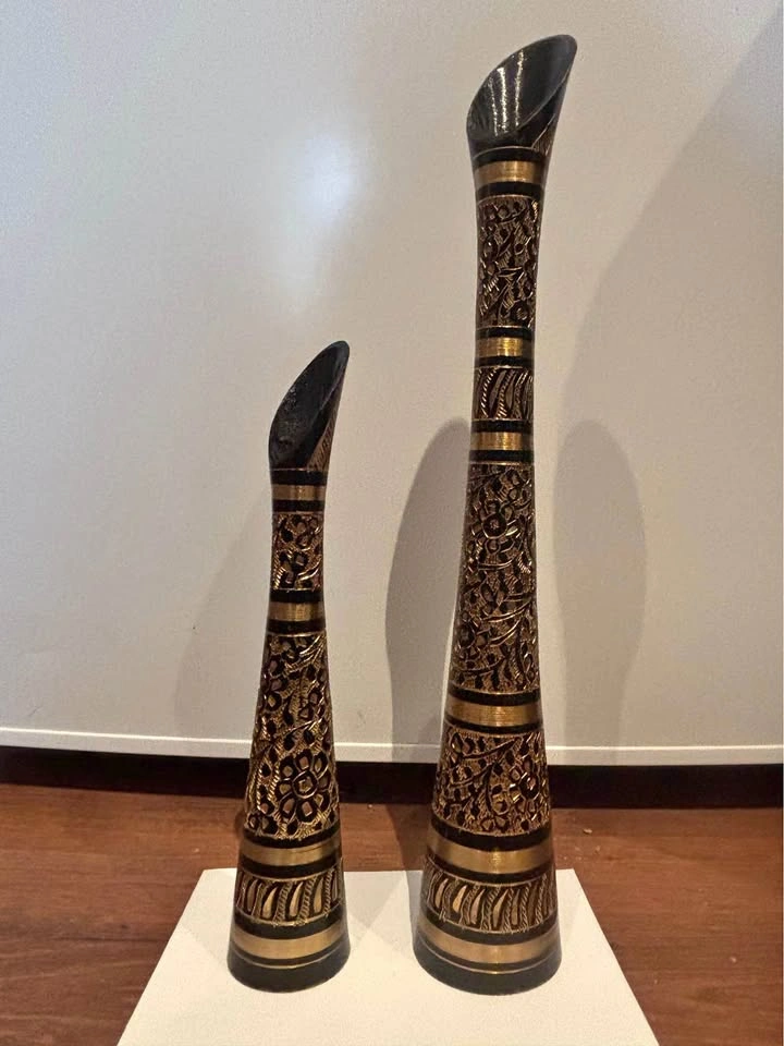 Vintage Indian Hand-Etched Black & Gold Brass Vases - Pair