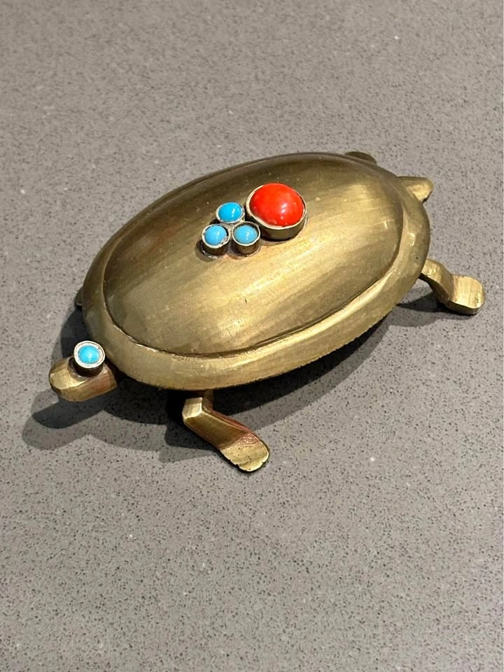 Antique Solid Brass Beaded Turtle Jewelry Storage Container