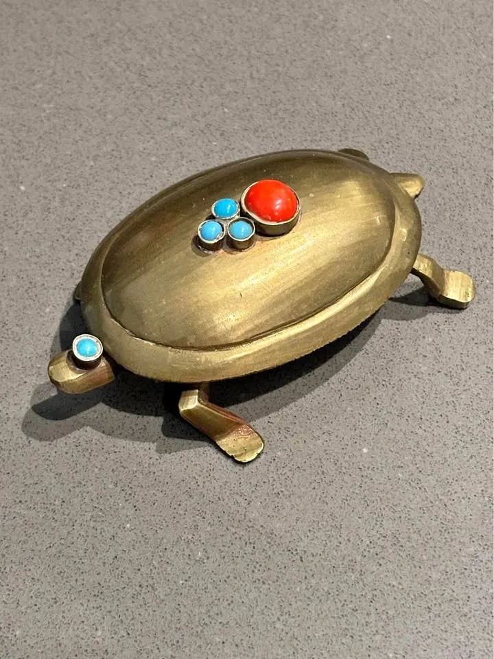 Antique Solid Brass Beaded Turtle Jewelry Storage Container