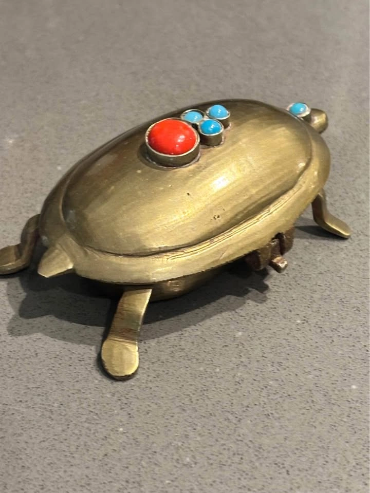 Antique Solid Brass Beaded Turtle Jewelry Storage Container - photo 2
