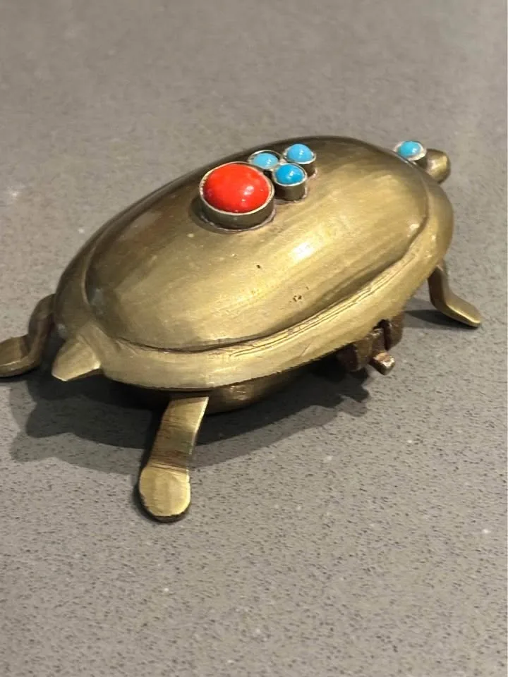 Antique Solid Brass Beaded Turtle Jewelry Storage Container - photo 2