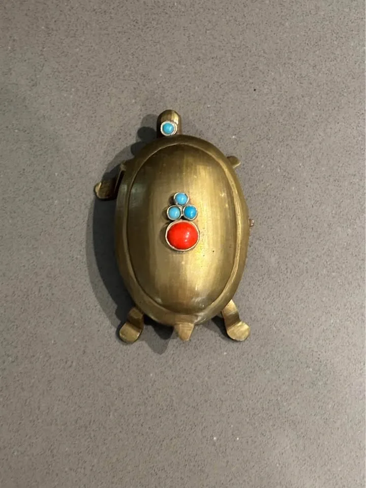 Antique Solid Brass Beaded Turtle Jewelry Storage Container - photo 5