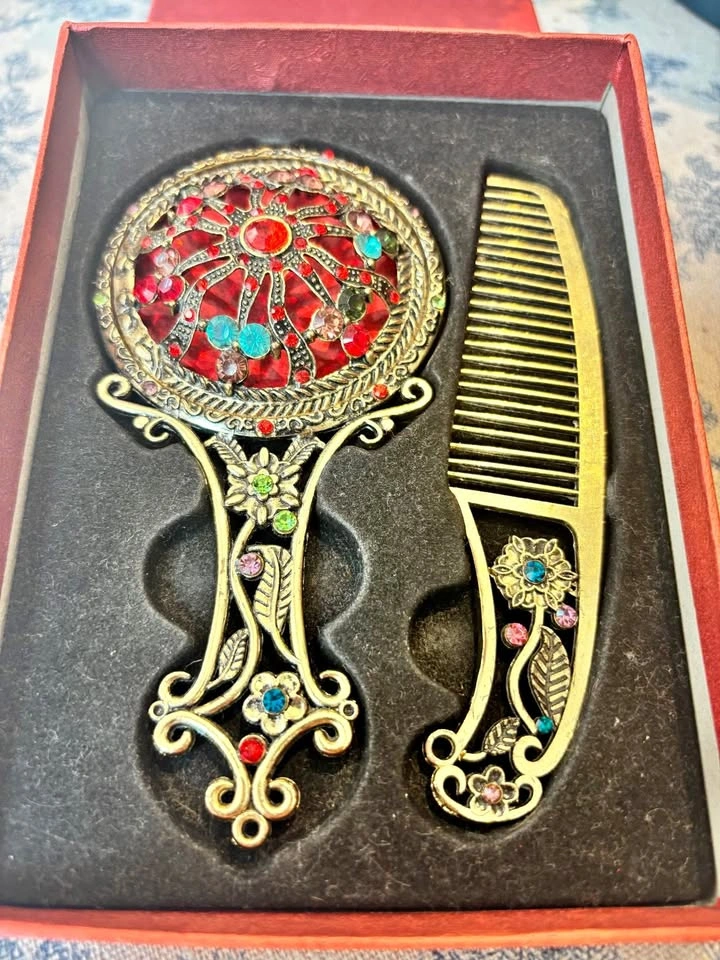 Vintage Decorated Mirror and Comb Set with Stones
