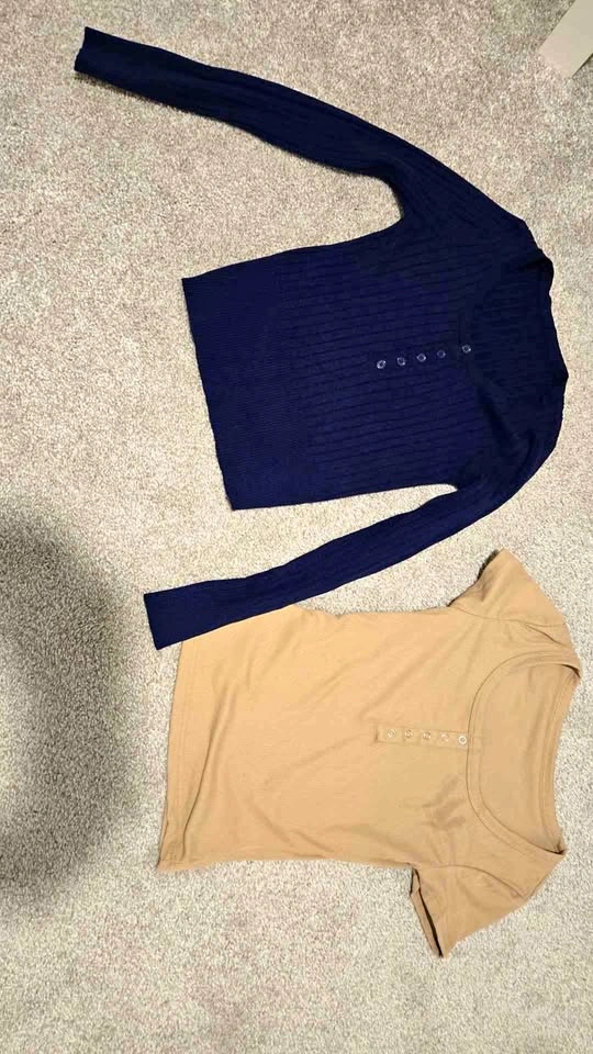 Ribbed Henley Tops - Blue Long Sleeve & Tan Short Sleeve UK 6