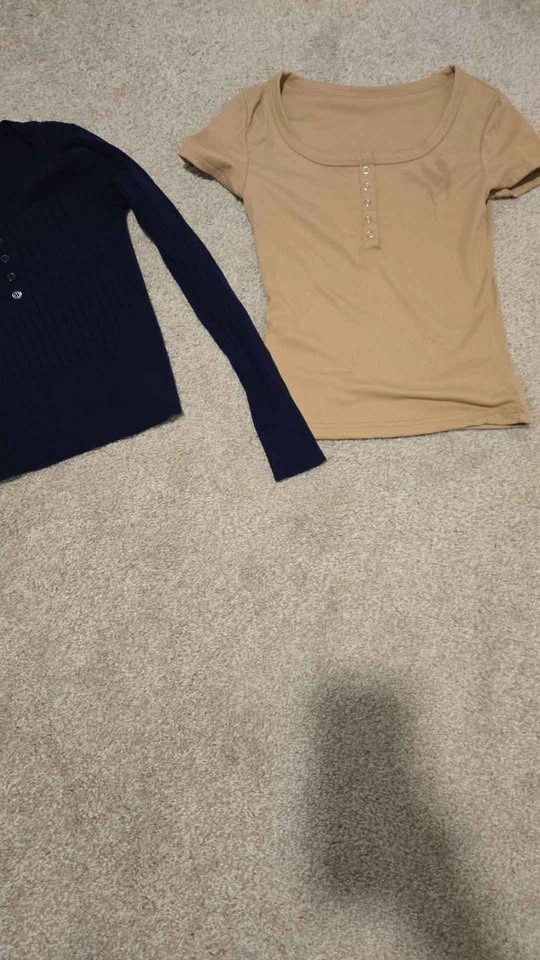 Ribbed Henley Tops - Blue Long Sleeve & Tan Short Sleeve UK 6 - photo 3