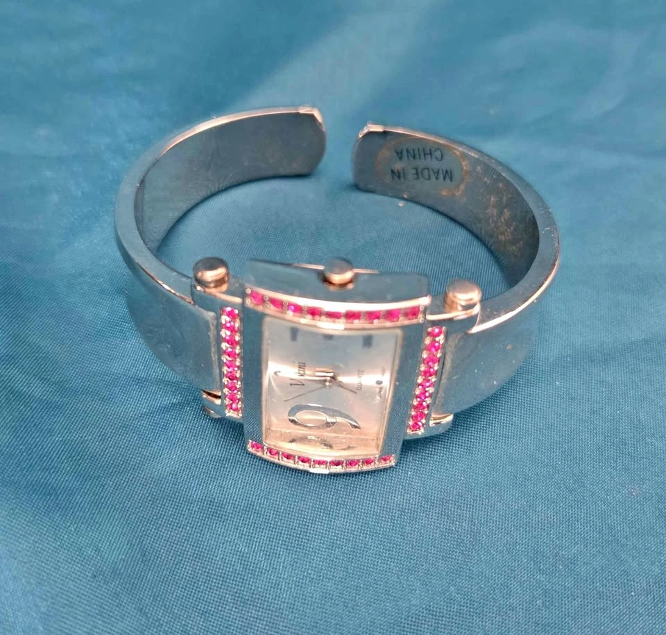 Vivani Silver Tone Cuff Watch Pink Rhinestones