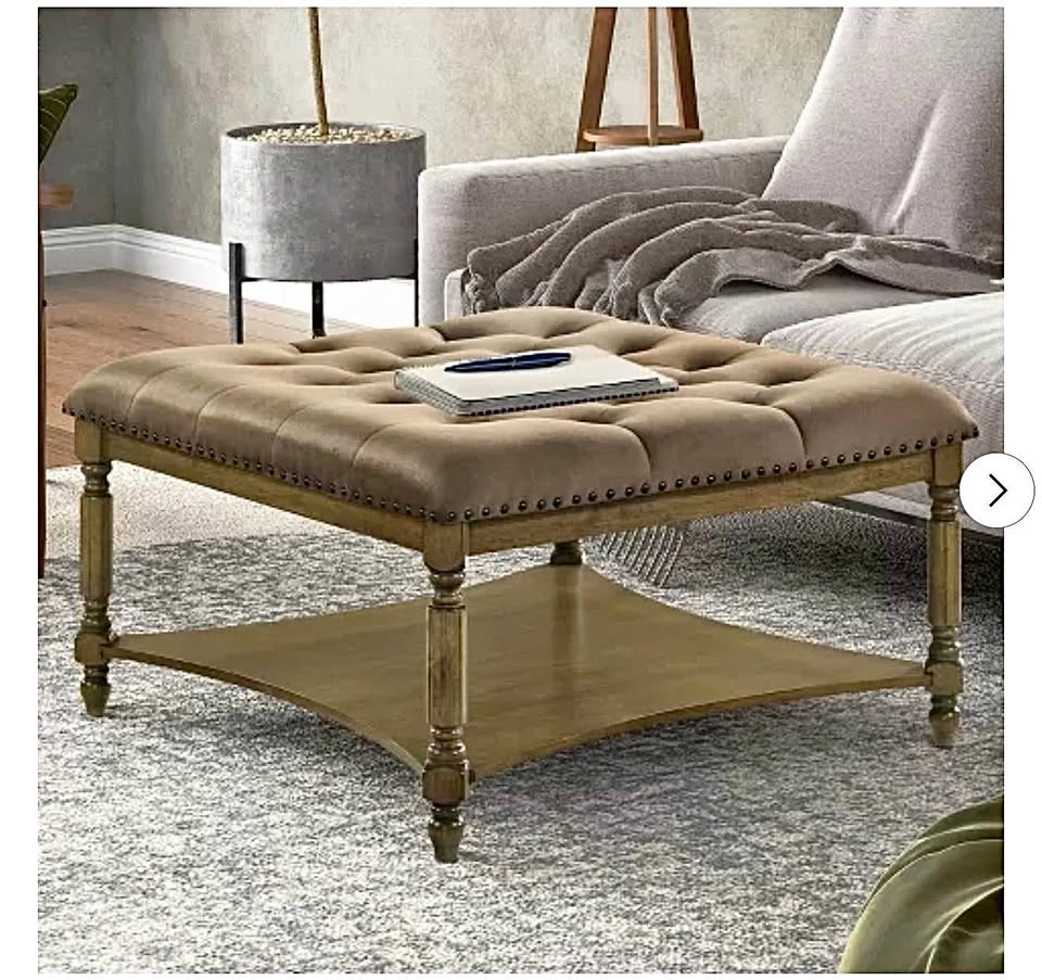Brown Tufted Ottoman Coffee Table with Shelf & Nailhead Trim