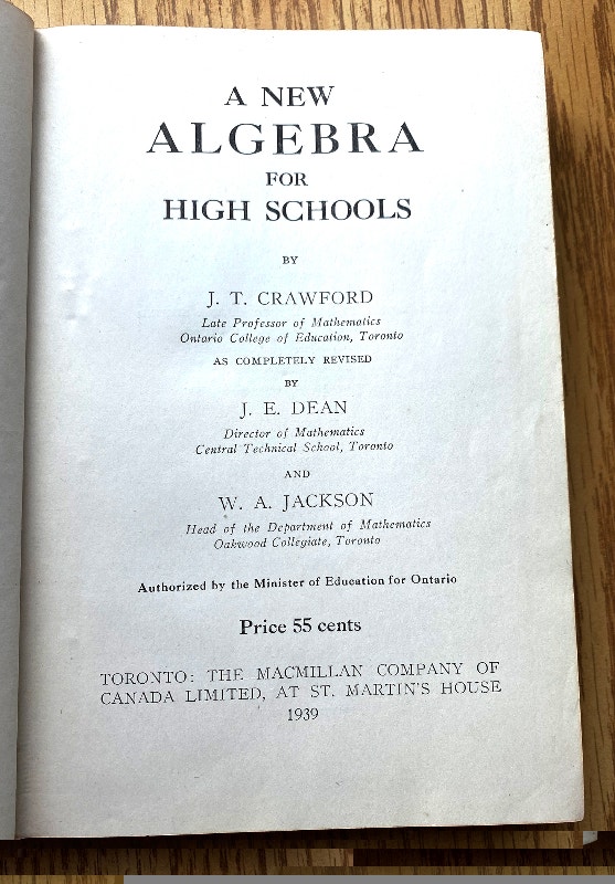 A New Algebra for High Schools by J.T. Crawford, 1939 - photo 2