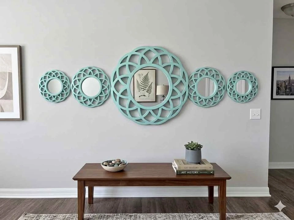 Set of 5 Tiffany Blue Boho Wall Mirrors - Geometric Decor