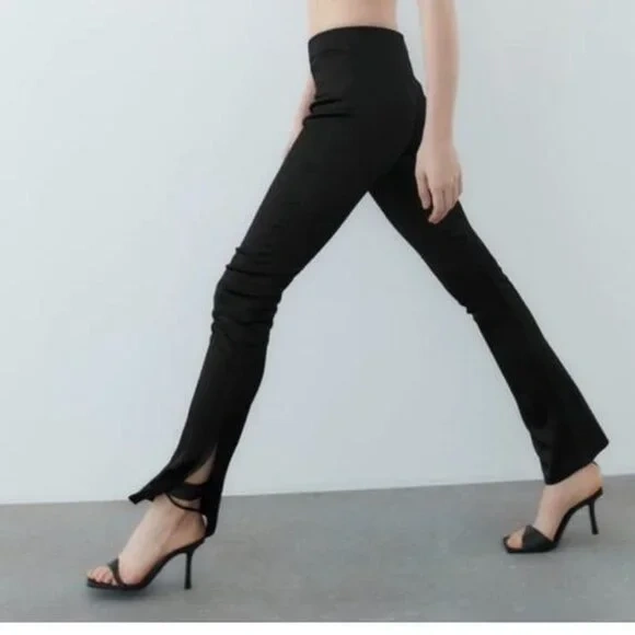 ZARA Black Satin-Look Shimmery Slit Pants - Size M - photo 5