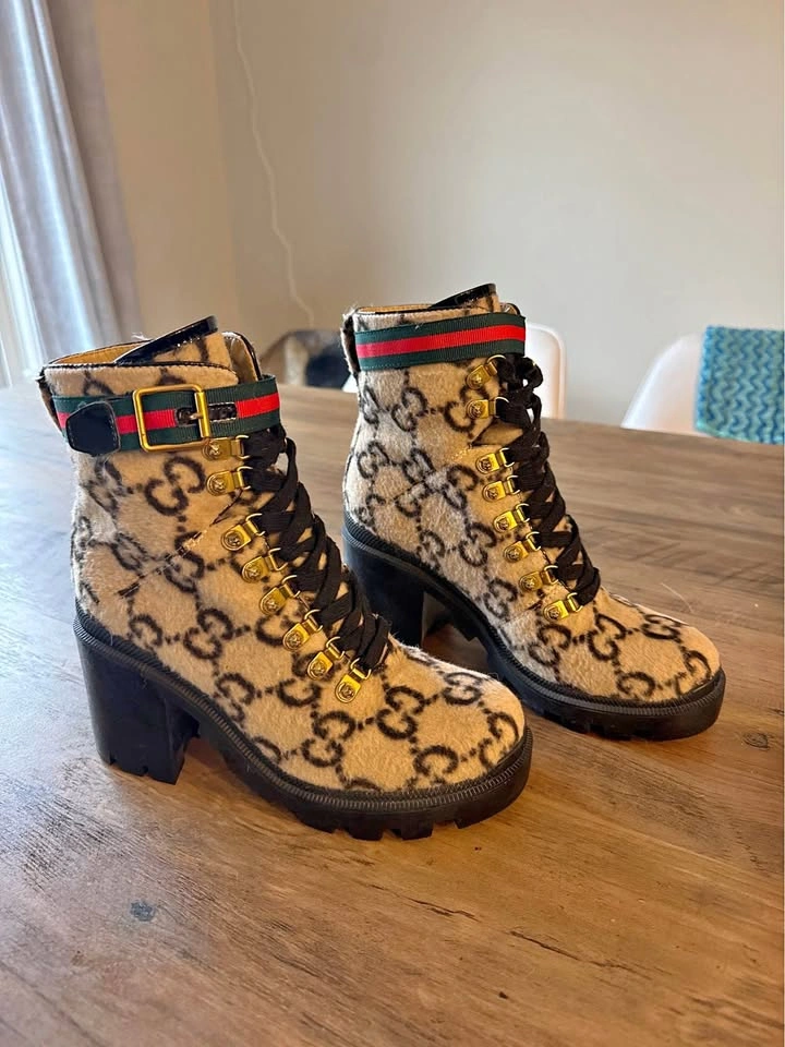 Gucci GG Monogram Heeled Ankle Boots - Women's Size 7.5/8