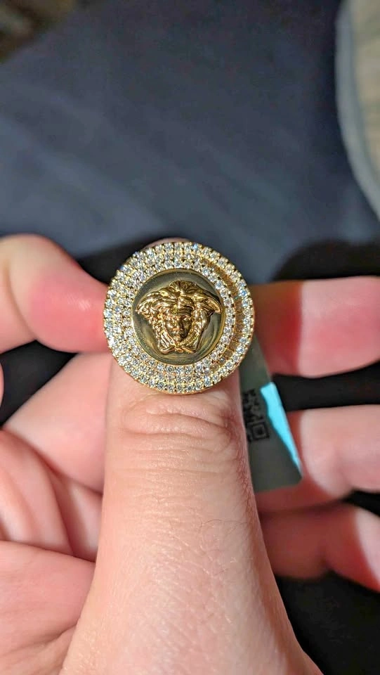 Versace Style Medusa Ring Gold Sterling Silver Size 9 3.5ctw Moi
