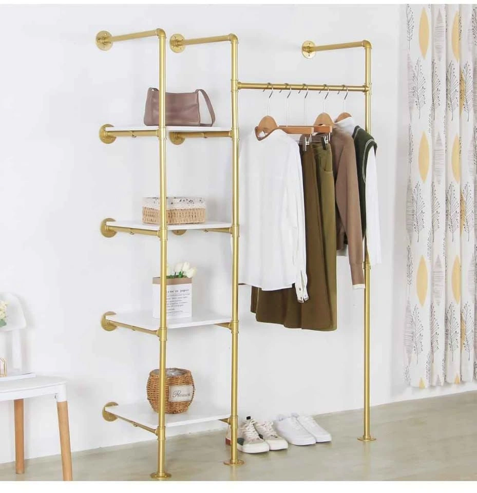 Heavy Duty Clothes Rack with Shelves - Gold Industrial Pipe - photo 2