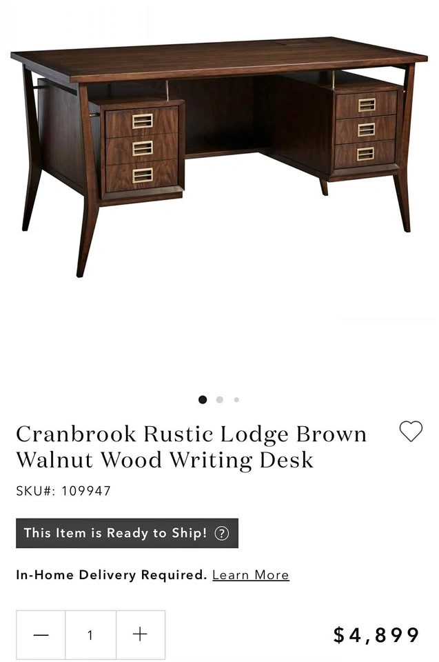 Cranbrook Mid Century Modern Writing Desk - Walnut & Gold