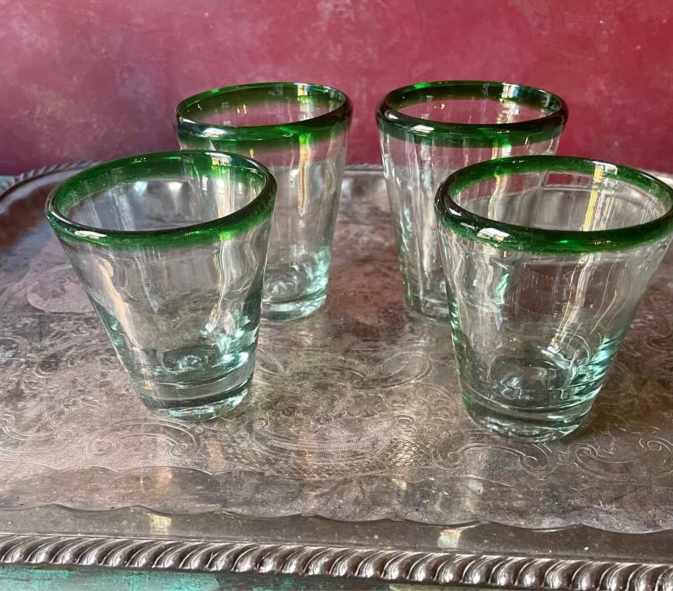 Hand Blown Mexican 8oz Glasses with Green Rims - Set of 4