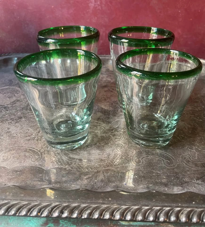 Hand Blown Mexican 8oz Glasses with Green Rims - Set of 4 - photo 2