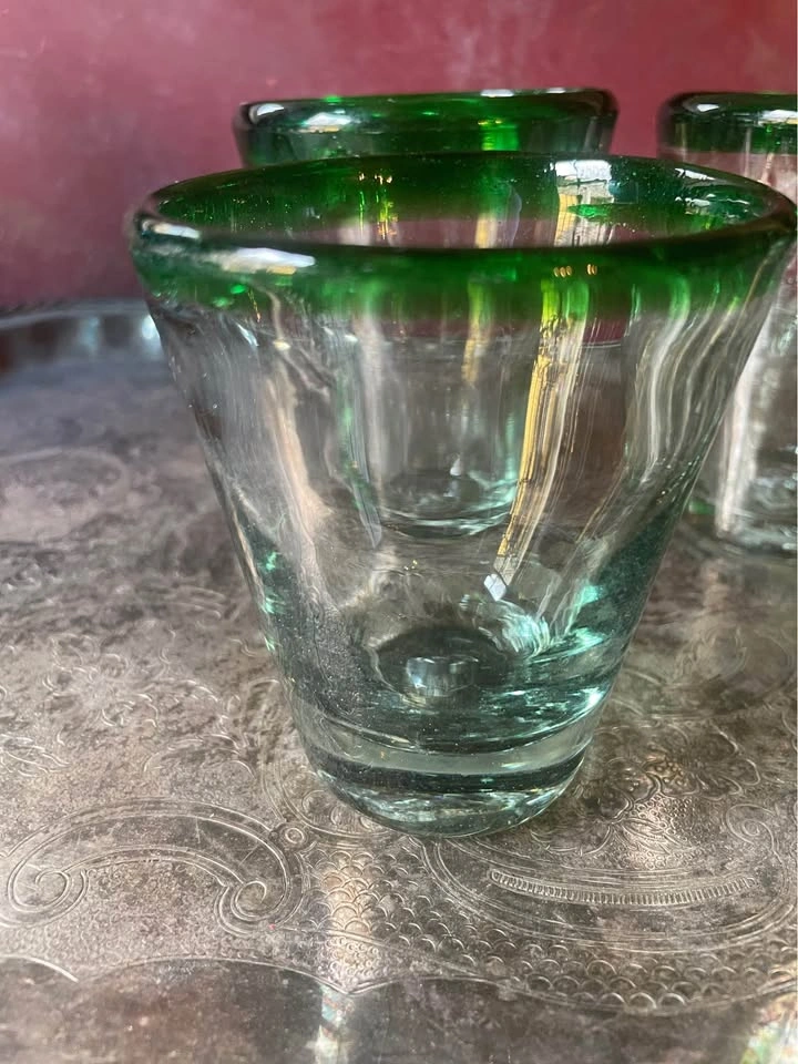 Hand Blown Mexican 8oz Glasses with Green Rims - Set of 4 - photo 3