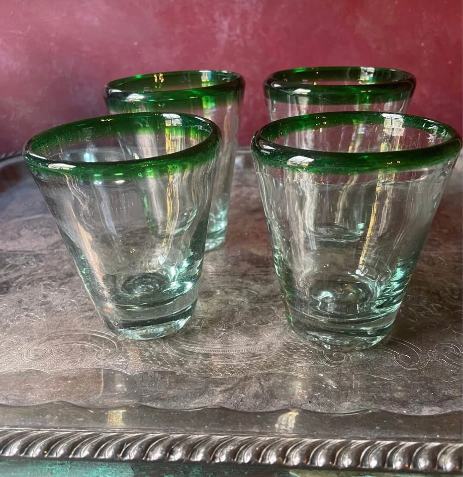 Hand Blown Mexican 8oz Glasses with Green Rims - Set of 4 - photo 5