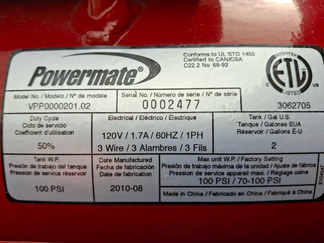 Powermate Air Compressor 100 max PSI, 2 gal. - photo 2