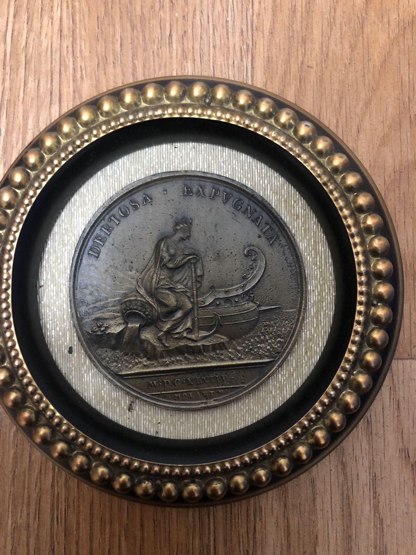 Antique Italian Bronze Medal "Incolvmitas Pvblica" in Wooden Fra