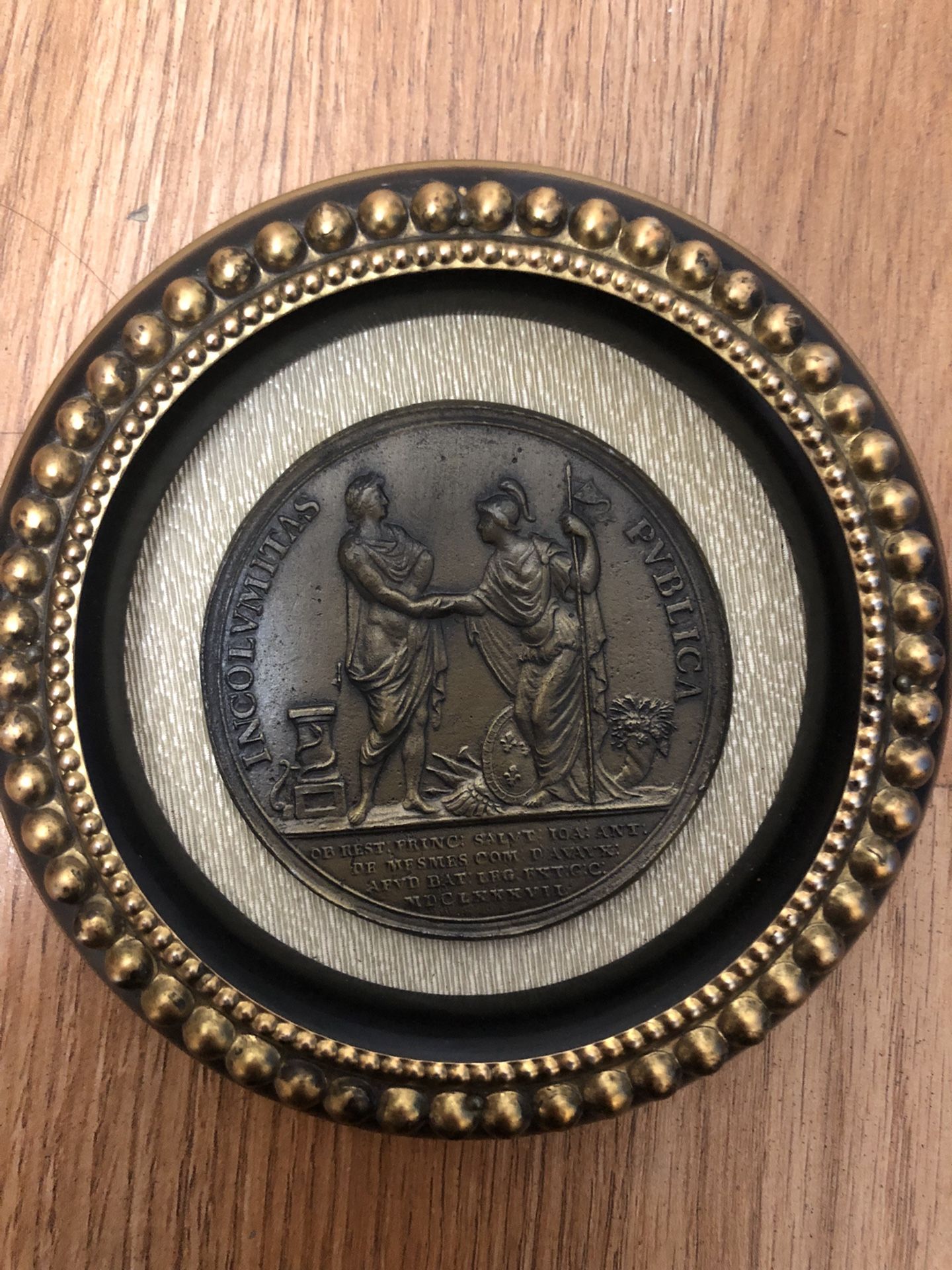 Antique Italian Bronze Medal in Wooden Frame
