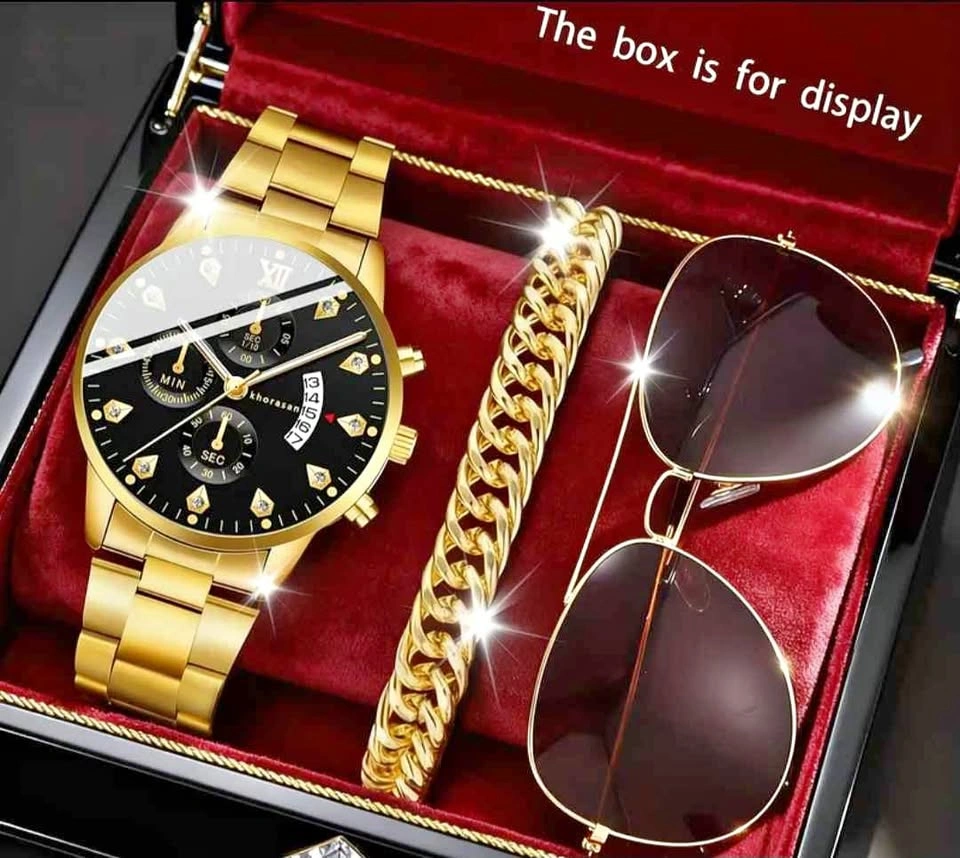 Golden Watch with Calendar Display & Bracelet