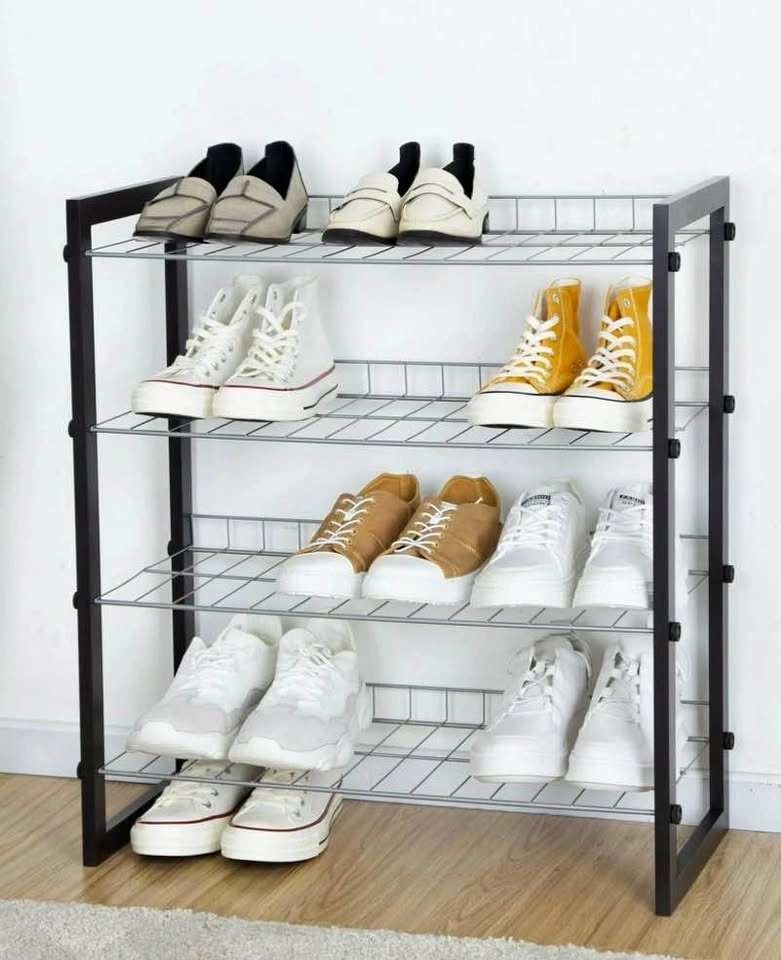 4-Tier Shoe Rack with Wood Frame and Wire Shelf