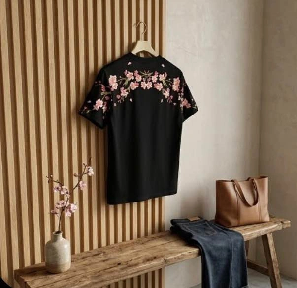 Unisex Black Floral Embroidered T-Shirt – Premium Design - photo 2