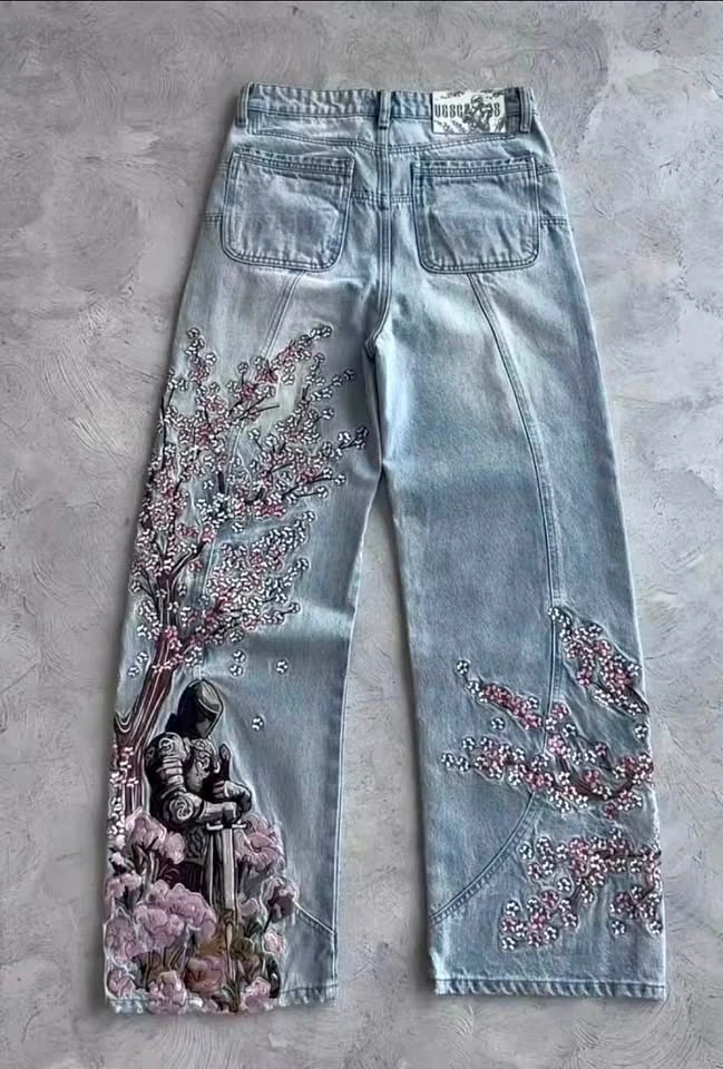 🔥 Vintage 3D Embroidery Baggy Denim Jeans – Streetwear Style 🔥