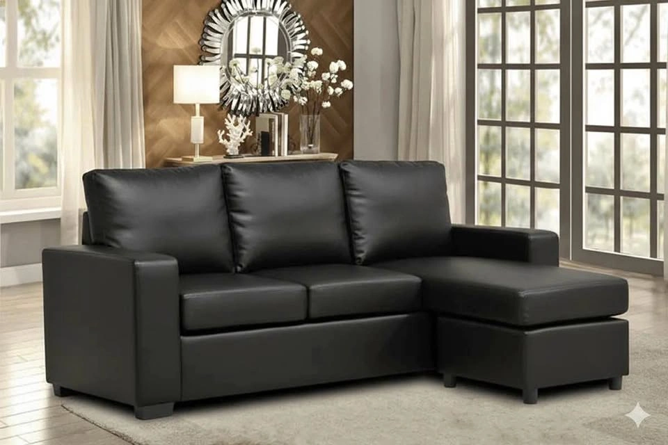 3-in-1 Convertible Sectional Sofa - Black Faux Leather