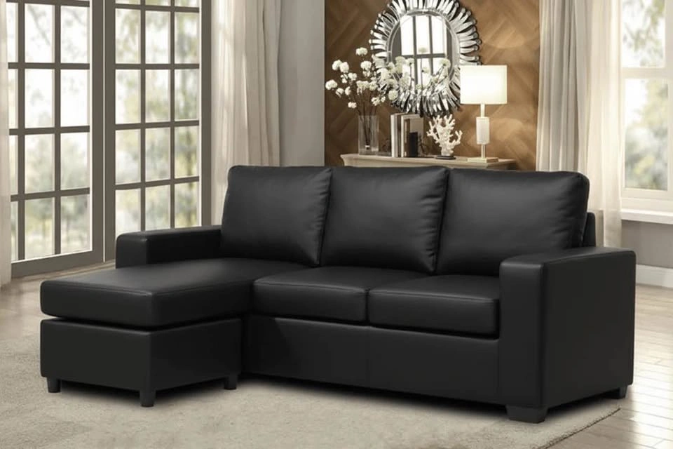 3-in-1 Convertible Sectional Sofa - Black Faux Leather - photo 3