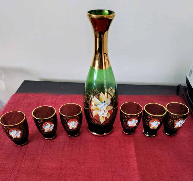 Vintage Bohemian Green Glass Decanter Set