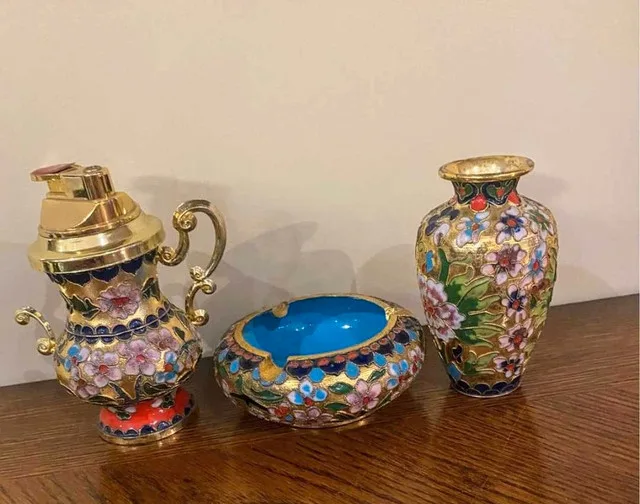 Cloisonné Enameled Brass Set. 4” thumbnail