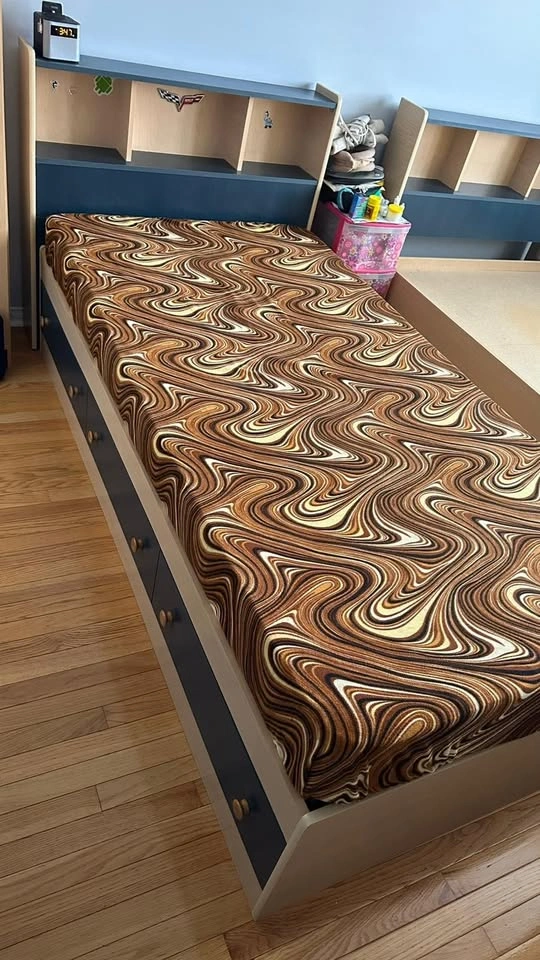PICKUP ONLY - Twin XL Bed - Blue & Wood Finish - photo 3