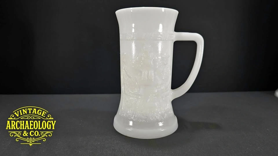 7 x MILK GLASS BEER STEIN W/ EMBOSSED TAVERN SCENE