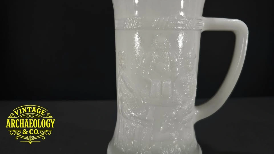 7 x MILK GLASS BEER STEIN W/ EMBOSSED TAVERN SCENE - photo 2
