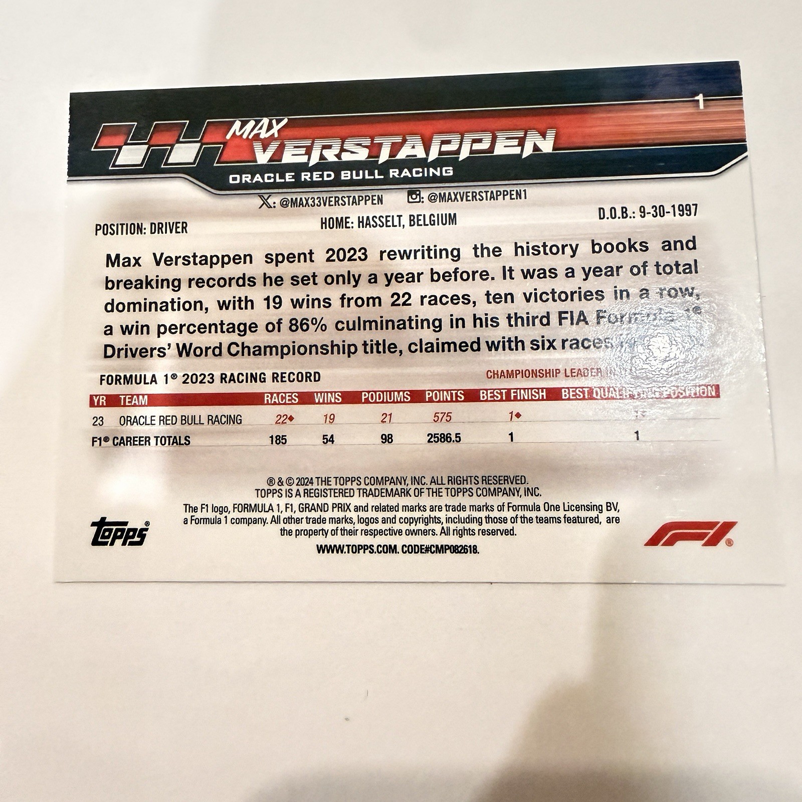 2024 Topps F1 Paddock Pass Max Verstappen X-Factor Card - photo 2