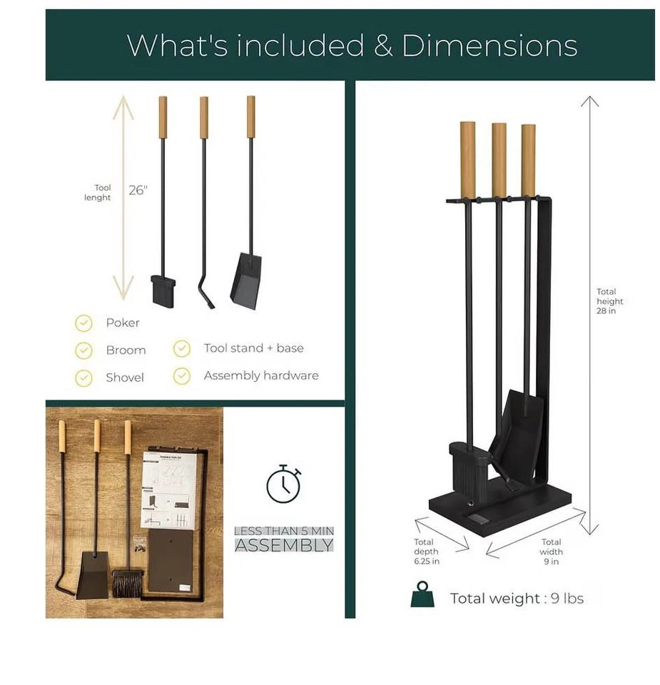 The Rack Co. Fireplace Tools Set - Black Metal & Wood - photo 2