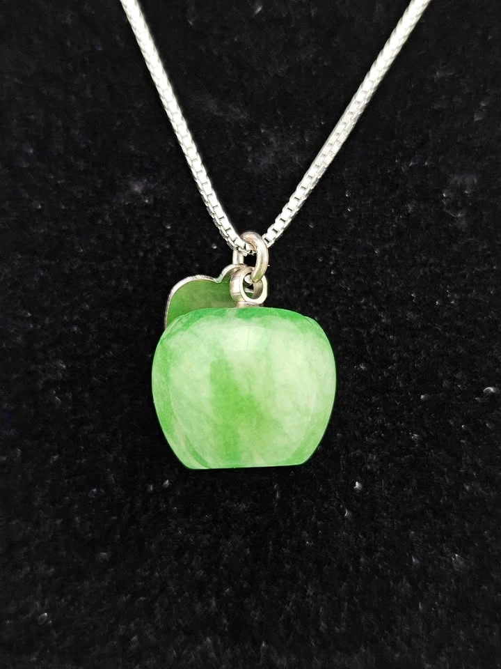 Gorgeous Green Jade Apple Pendant on 16" Sterling Silver Chain