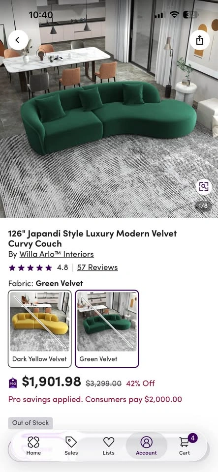 126" Japandi Style Luxury Modern Velvet Curvy Couch - photo 4
