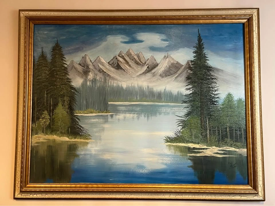 Vintage Oil on Canvas Mountain Lake Painting - photo 2
