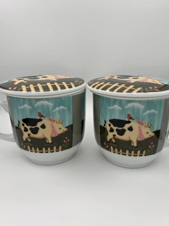 Set of 2 Farm Animal Tea Mugs with Lids and Infusers Cow Pig