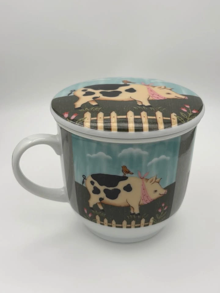 Set of 2 Farm Animal Tea Mugs with Lids and Infusers Cow Pig - photo 3