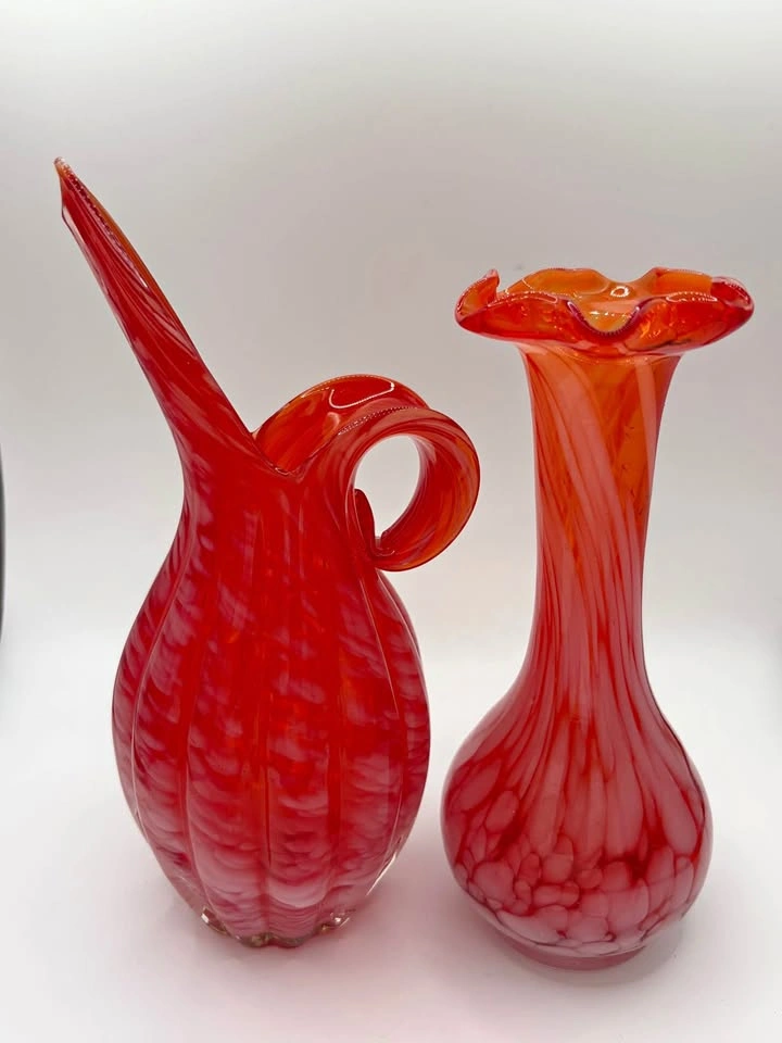 Vintage Red Art Glass Vase Pair Hand Blown Murano Style Ruffled
