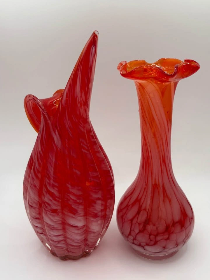 Vintage Red Art Glass Vase Pair Hand Blown Murano Style Ruffled - photo 2