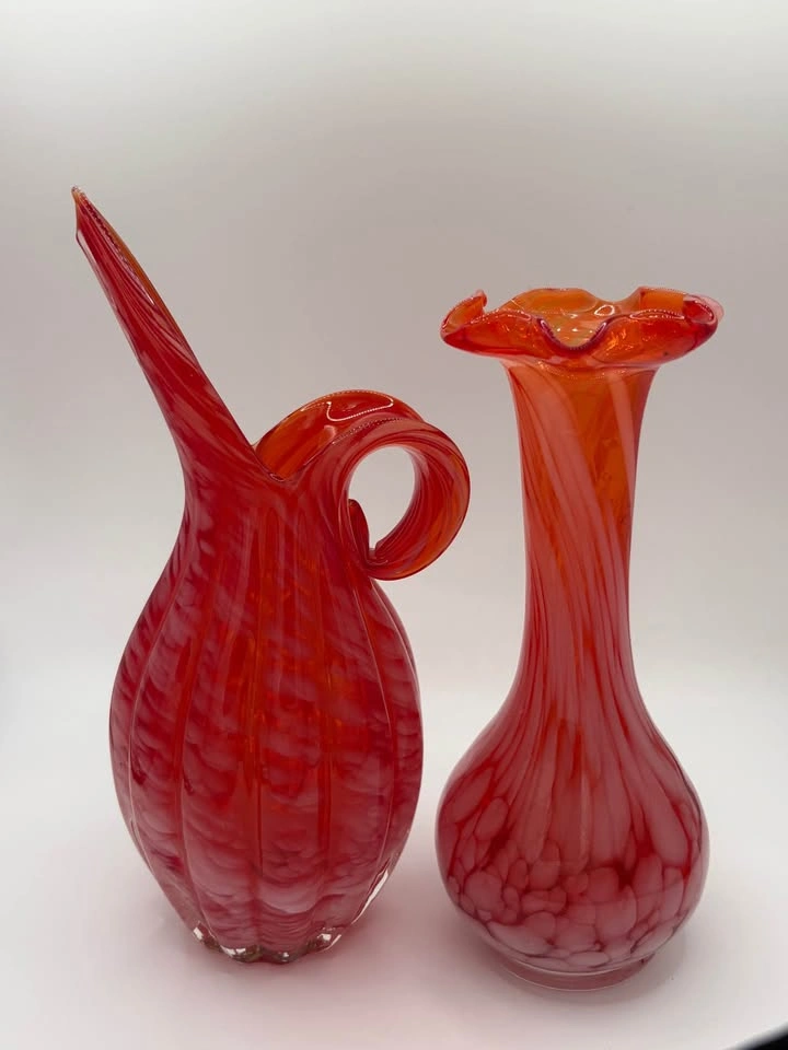 Vintage Red Art Glass Vase Pair Hand Blown Murano Style Ruffled - photo 3