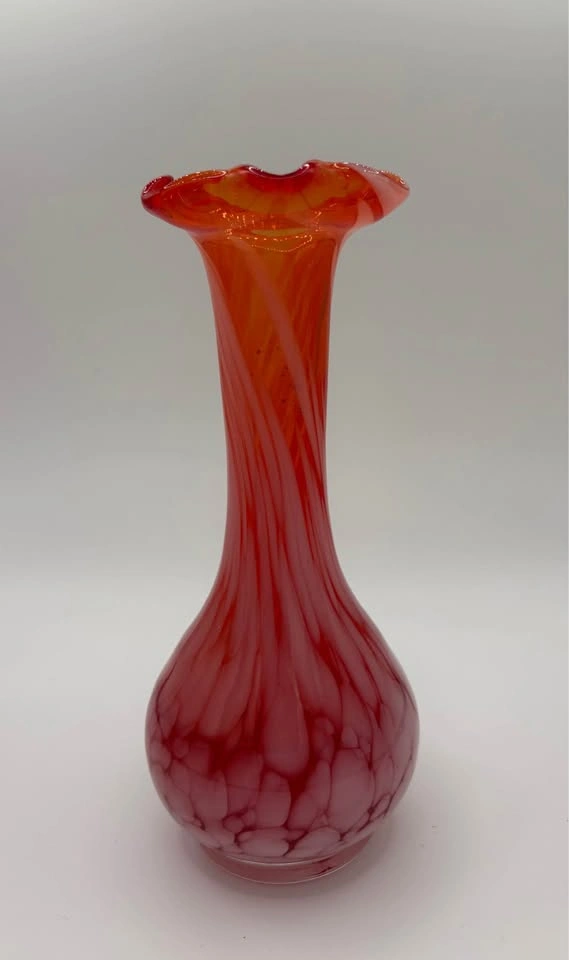 Vintage Red Art Glass Vase Pair Hand Blown Murano Style Ruffled - photo 4