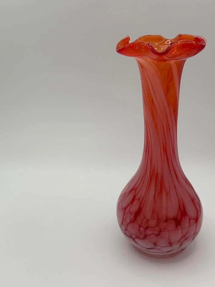 Vintage Red Art Glass Vase Pair Hand Blown Murano Style Ruffled - photo 5