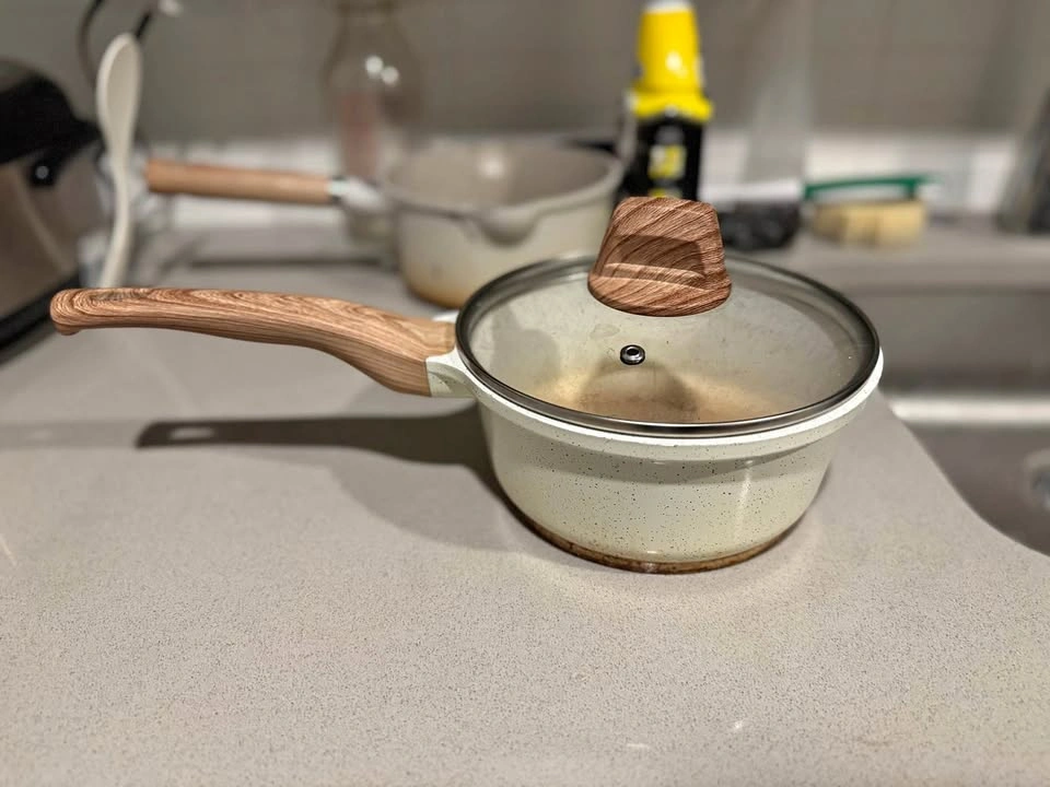 Cream Saucepan with Wood Handle & Lid